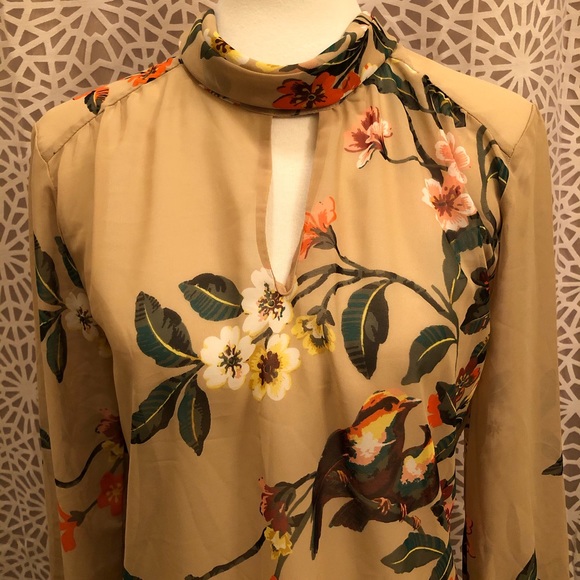New York & Company Floral Bird Print Sheer Top - Picture 2 of 7